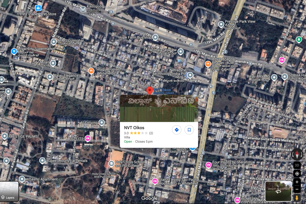 Google Maps view showing the location of NVT Oikos luxury villas near ITPL Main Road and Hope Farm Junction in Whitefield, Bangalore.